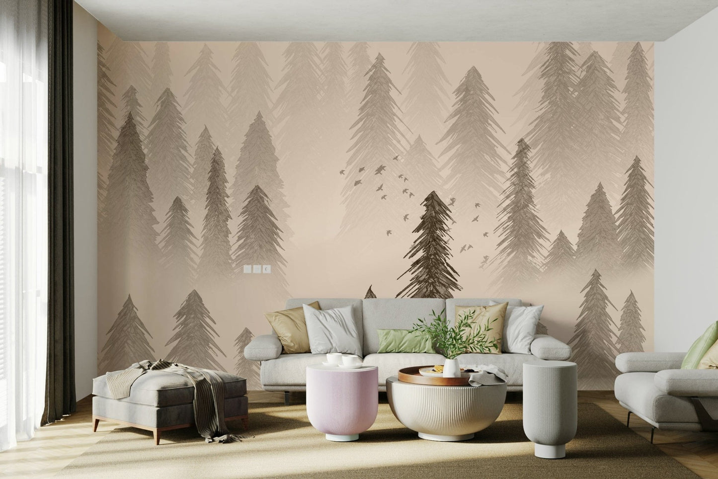 Sepia rainforest wall mural with mist GD089