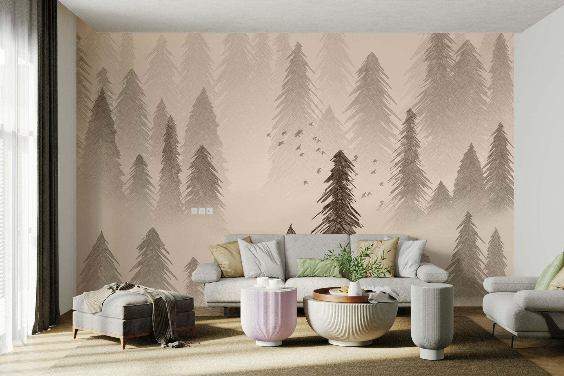 Sepia rainforest wall mural with mist GD089