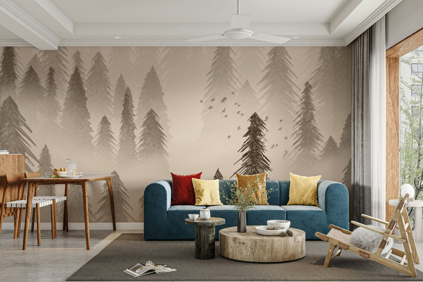 Dense forest wallpaper in sepia finish