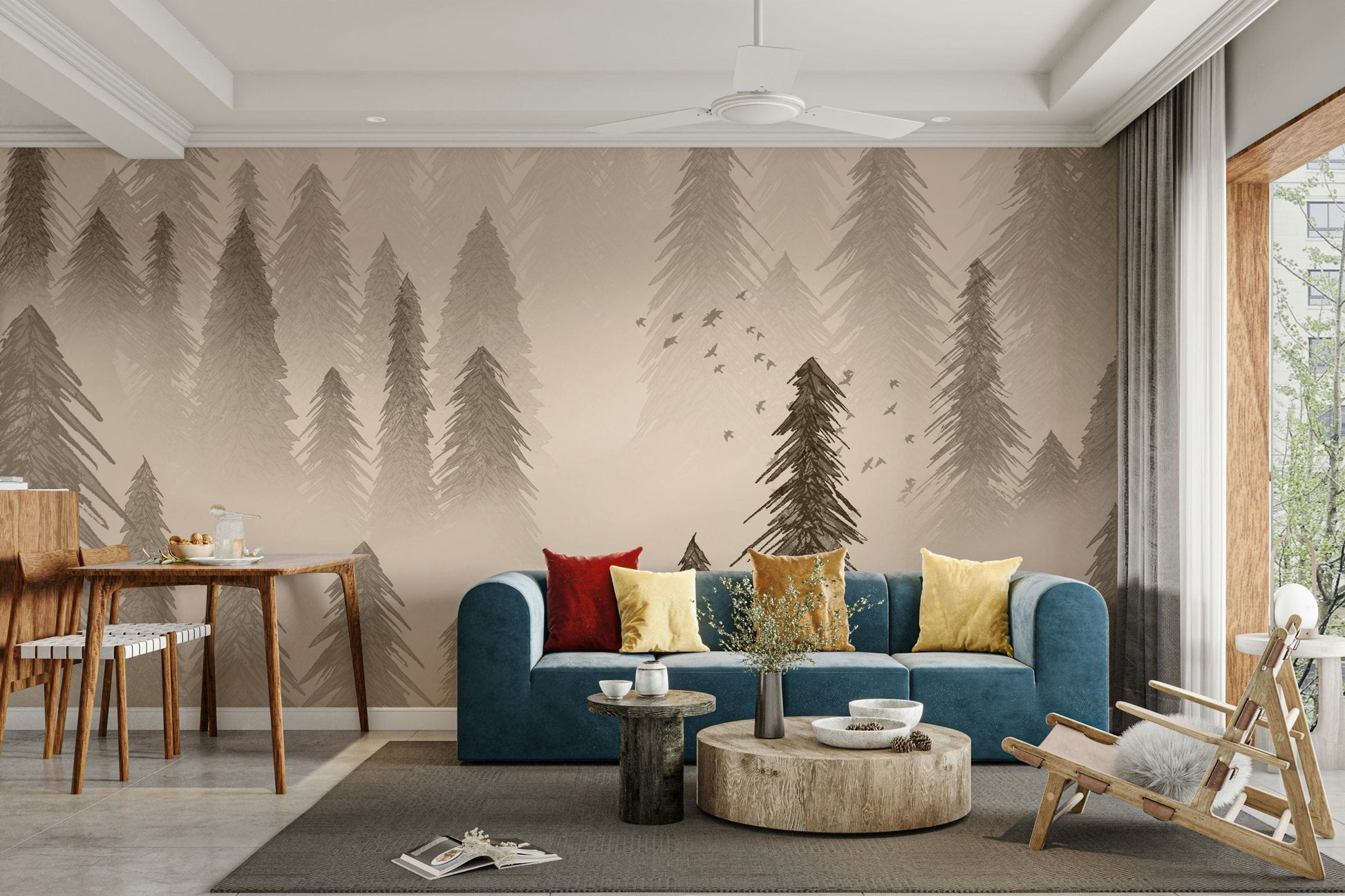 Dense forest wallpaper in sepia finish