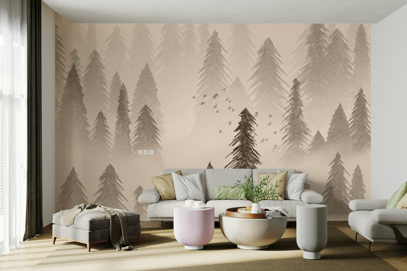Sepia rainforest wall mural with mist