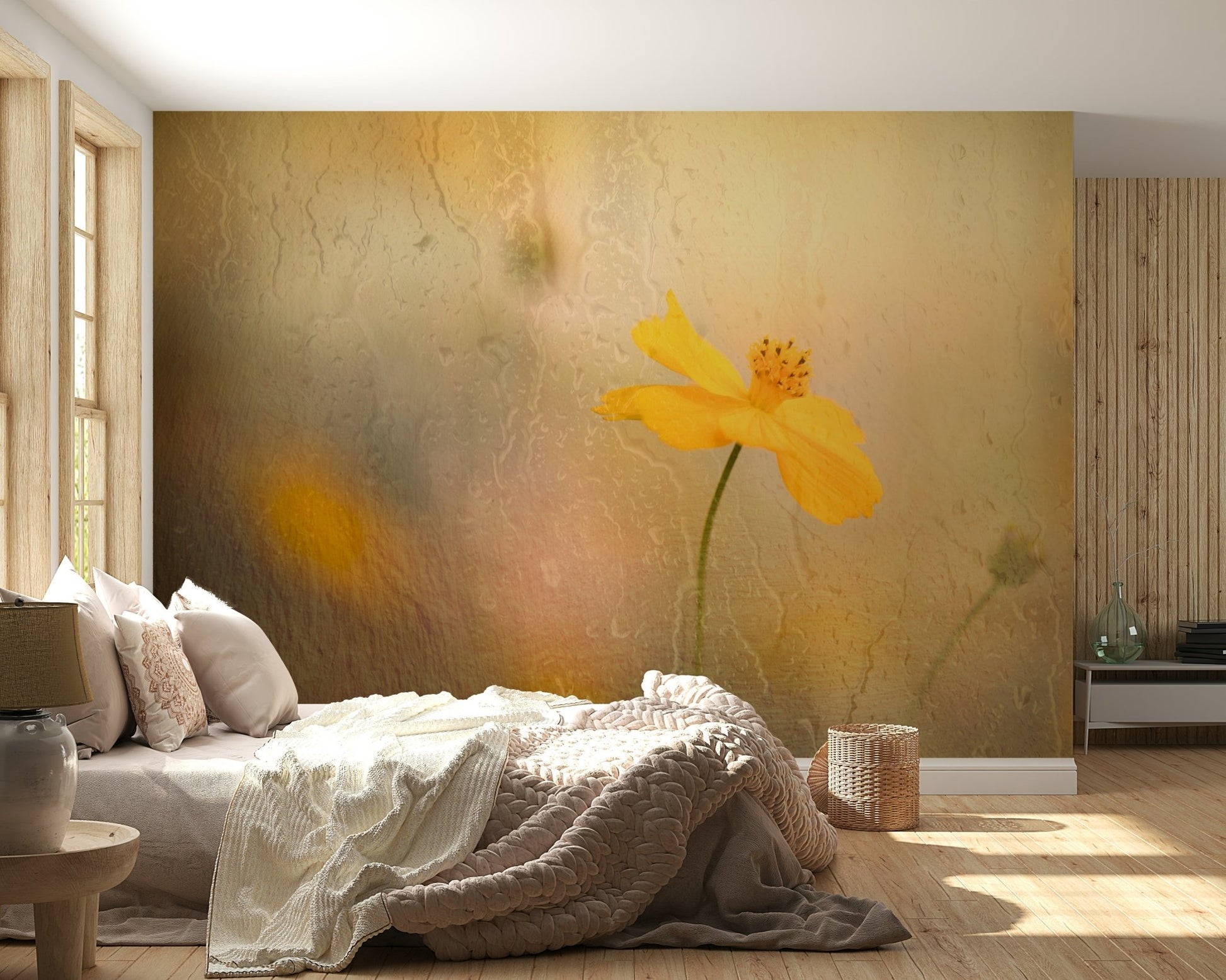 A serene subtle flower wall mural for dramatic decor.

