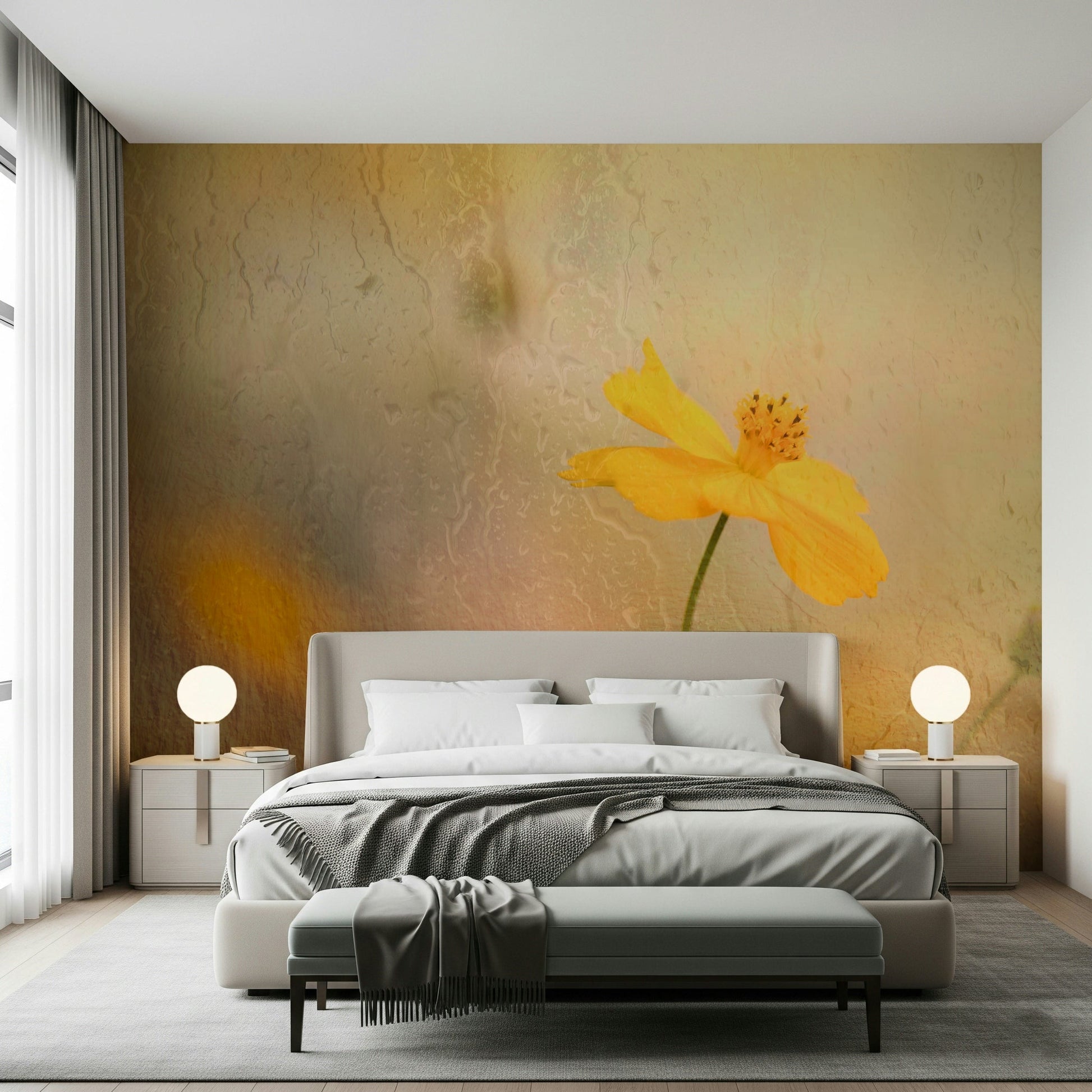 A beautiful dark floral wallpaper mural with a moody, rainy aesthetic.

