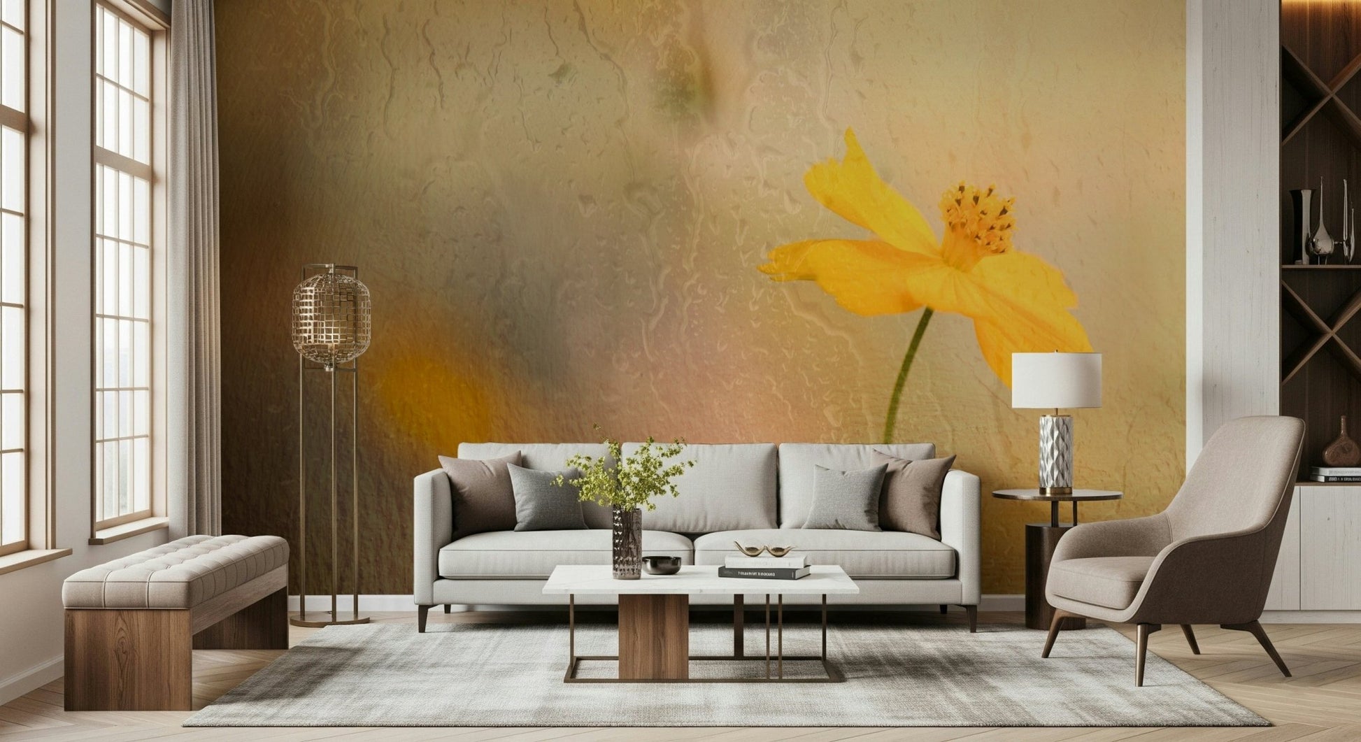An artistic delicate bloom mural on minimalist wallpaper.

