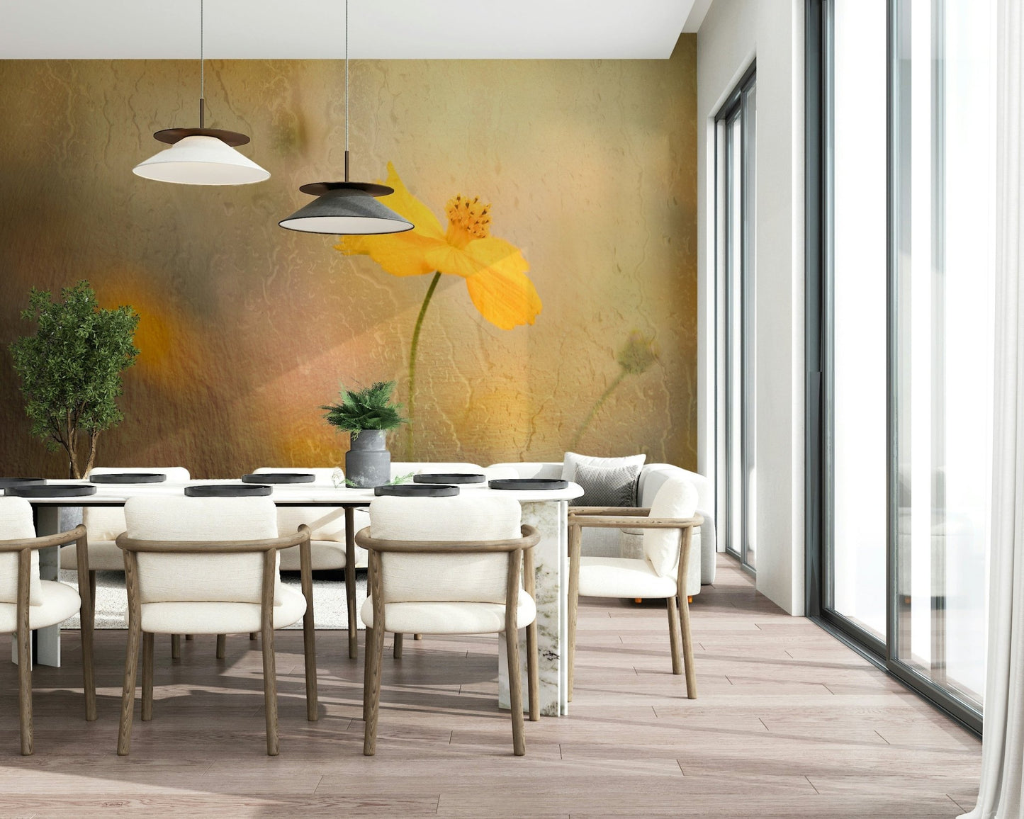 A graceful subtle bloom wall mural in cool, dark tones.

