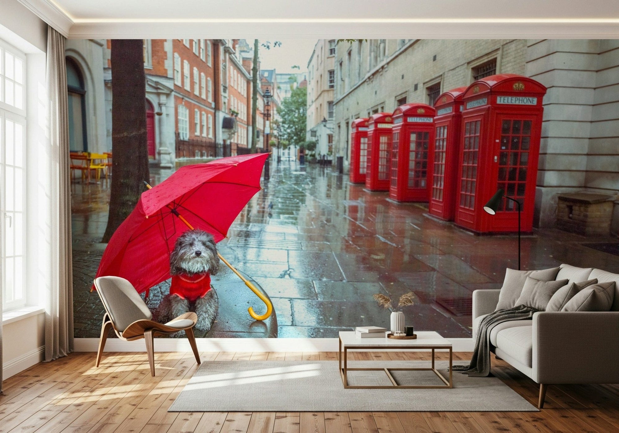 Rainy Day Pup wall mural showing a small dog under a red umbrella GD7405
