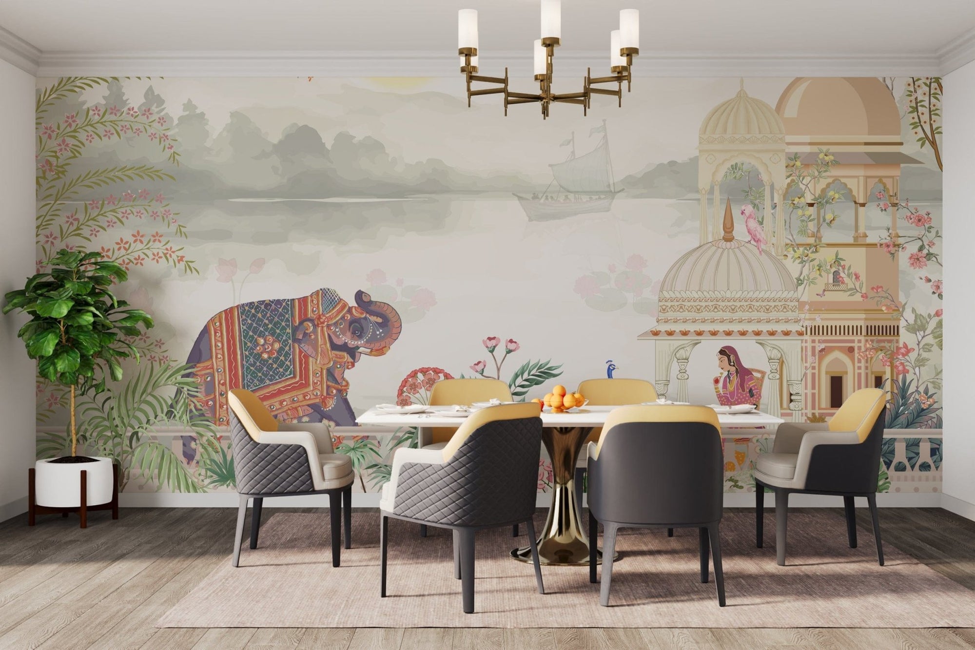Rajwada lakeside garden wallpaper mural with domes and peacocks. C758