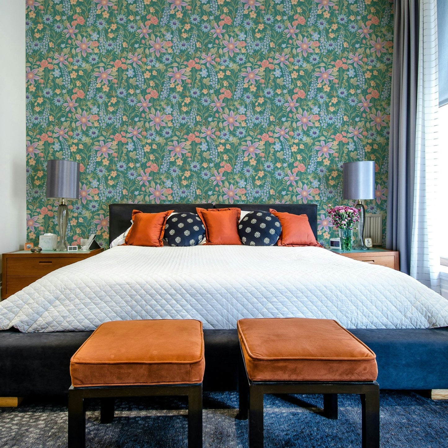 Wallpaper mural with teal floral design

