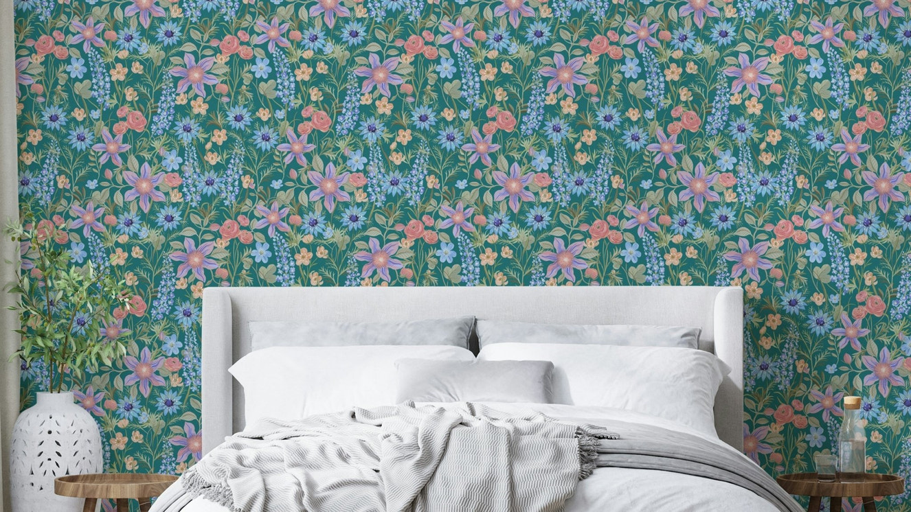 Vintage-inspired wallpaper with ranunculus motifs

