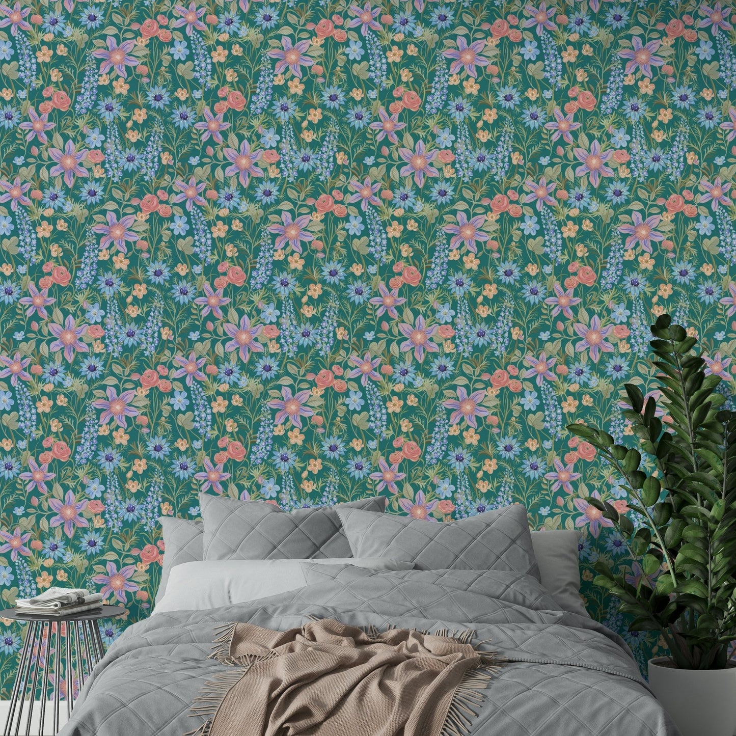 Vintage teal ranunculus flower wallpaper pattern

