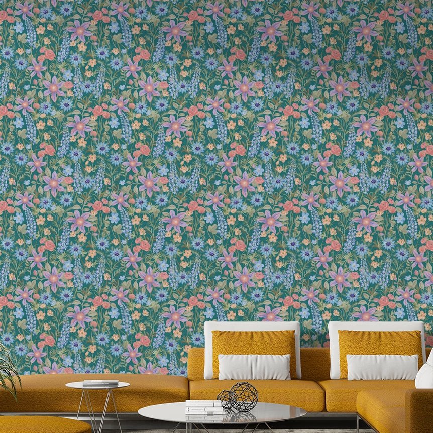 Eclectic style teal floral wallpaper texture

