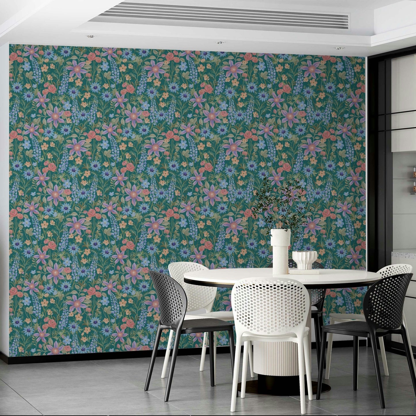 Detailed teal flower wallpaper close-up

