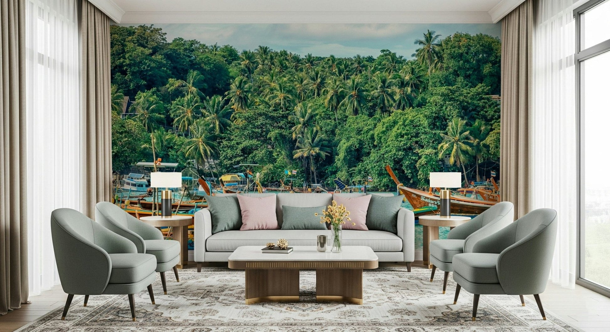 In this sitting area, Rawai Wall Mural opens the room with palm-lined bay views, GD7978