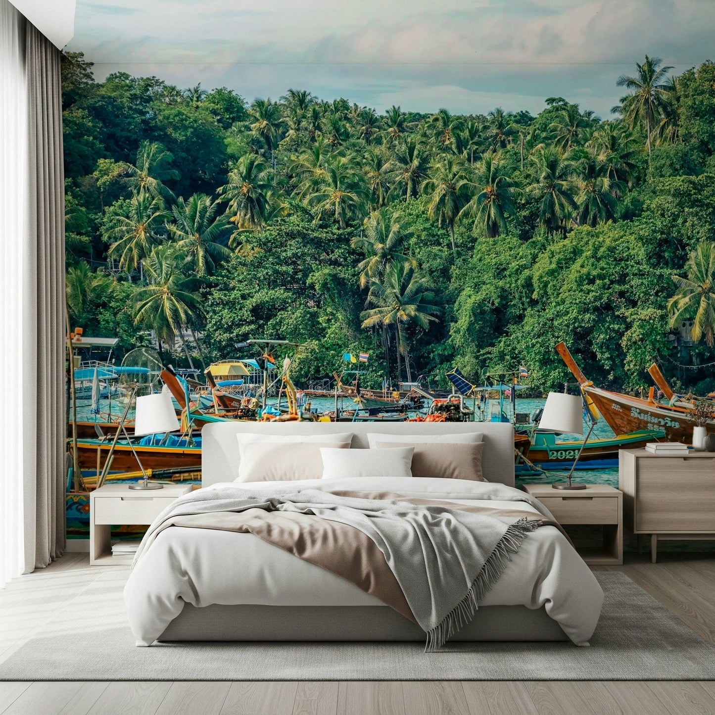 A calm sleep space feels more scenic with Rawai Wall Mural behind the bed, GD7978