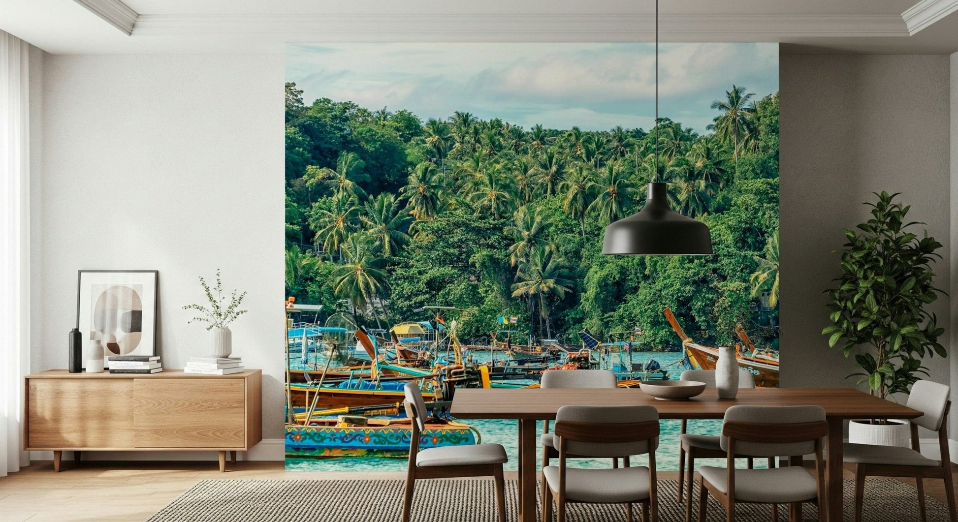 This dining corner feels fresher with Rawai Wall Mural and tropical shoreline depth, GD7978