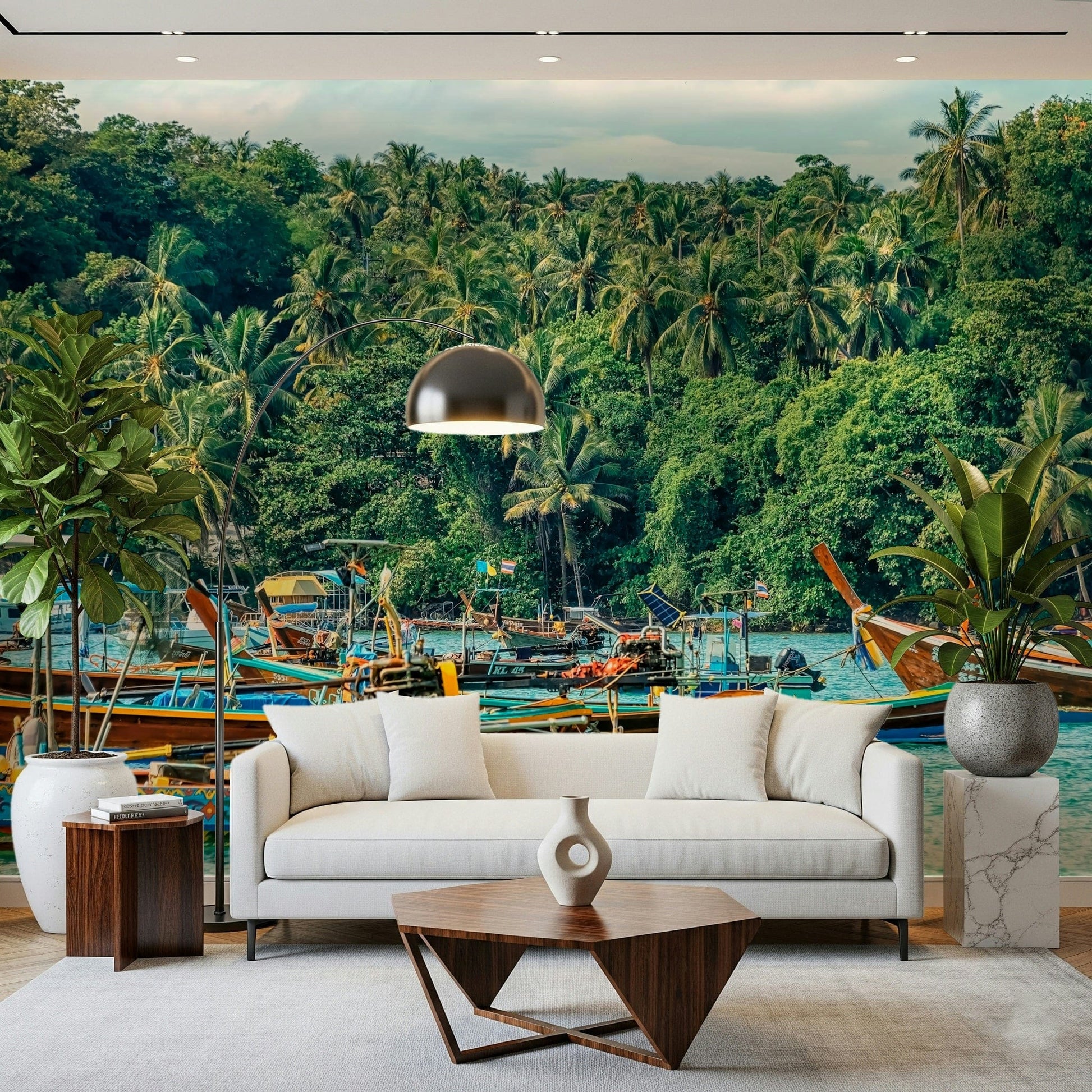 A soft lounge gains rich coastal character from Rawai Wall Mural across the wall, GD7978