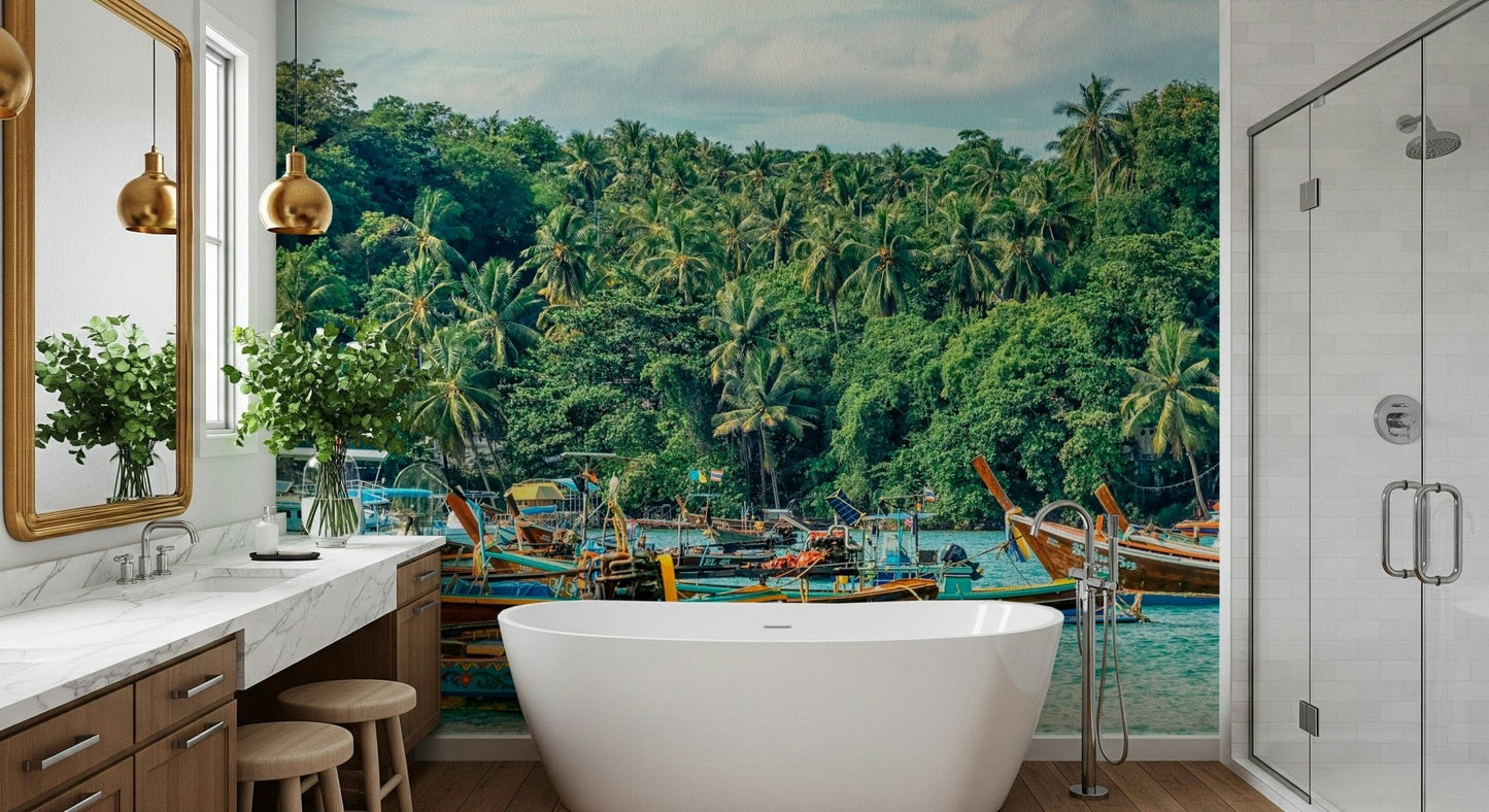 Rawai Wall Mural gives this bathroom a vivid tropical waterline setting, GD7978
