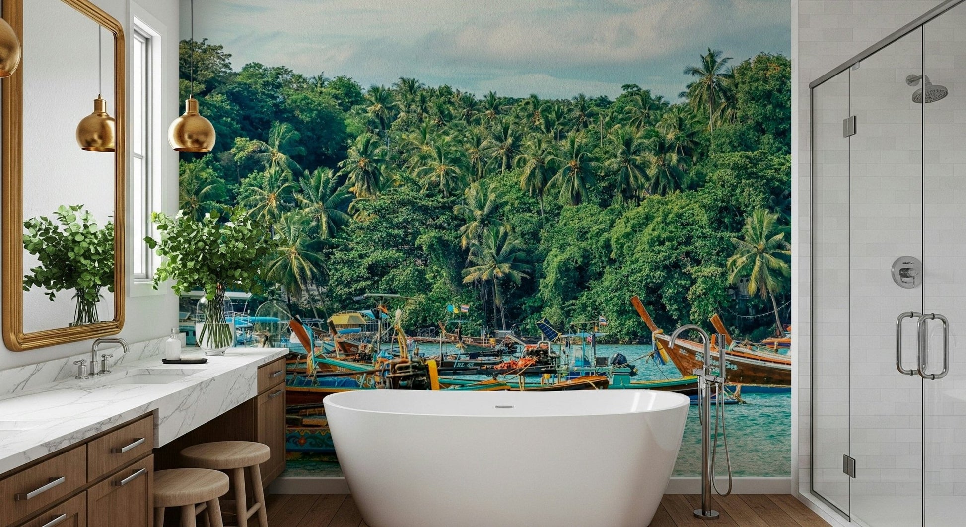 Rawai Wall Mural gives this bathroom a vivid tropical waterline setting, GD7978