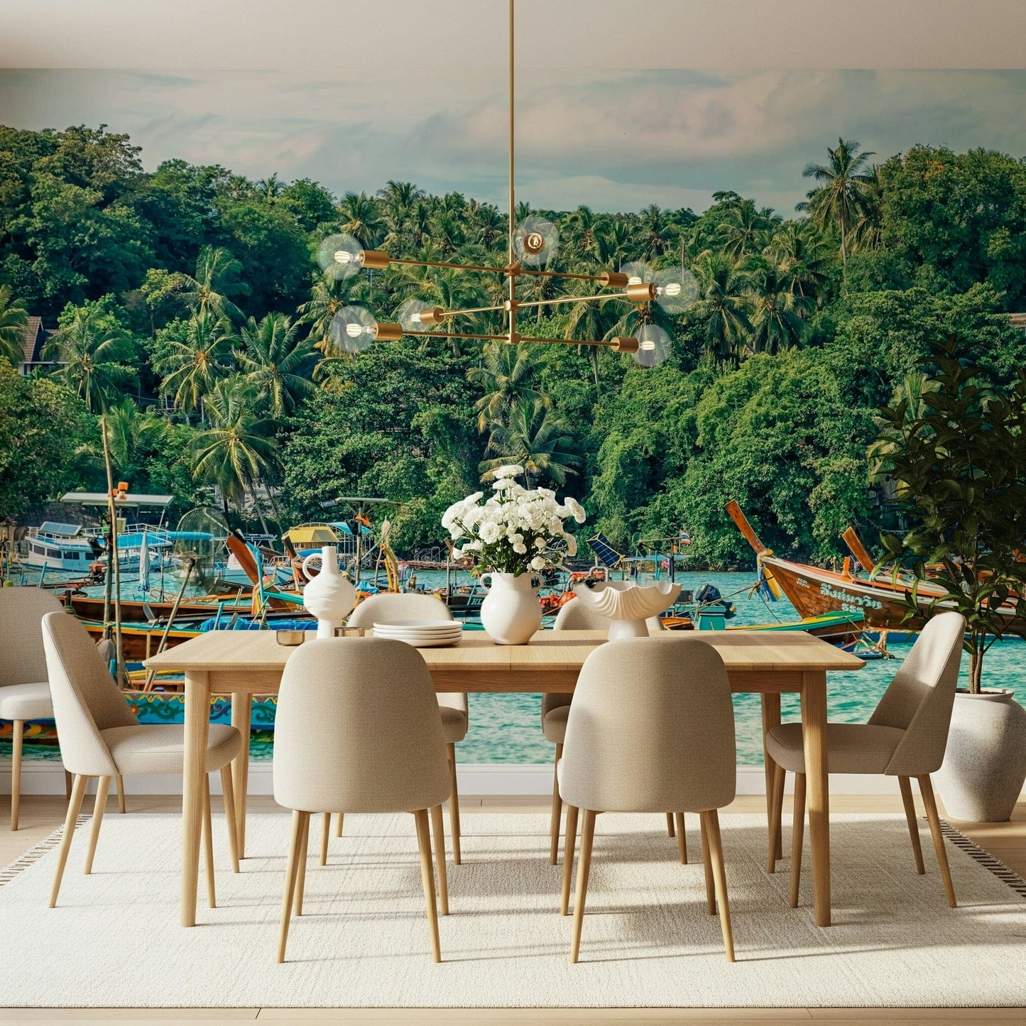 Rawai Wall Mural brings lively boat-and-palm scenery into this dining space, GD7978