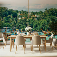 Rawai Wall Mural brings lively boat-and-palm scenery into this dining space, GD7978