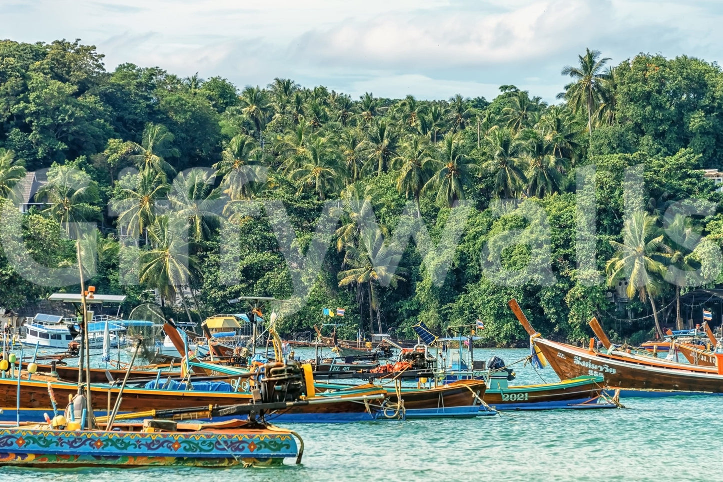Rawai wall mural with longtail boats, blue water, and lush tropical palm shoreline, GD7978