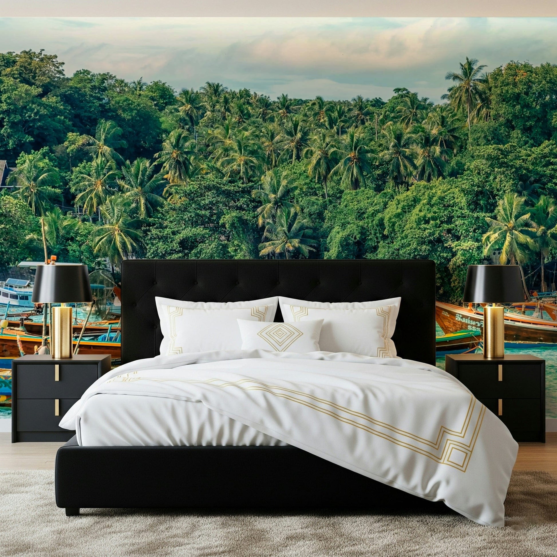 Rawai Wall Mural gives this bedroom a lush tropical harbour backdrop, GD7978