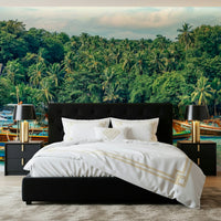 Rawai Wall Mural gives this bedroom a lush tropical harbour backdrop, GD7978