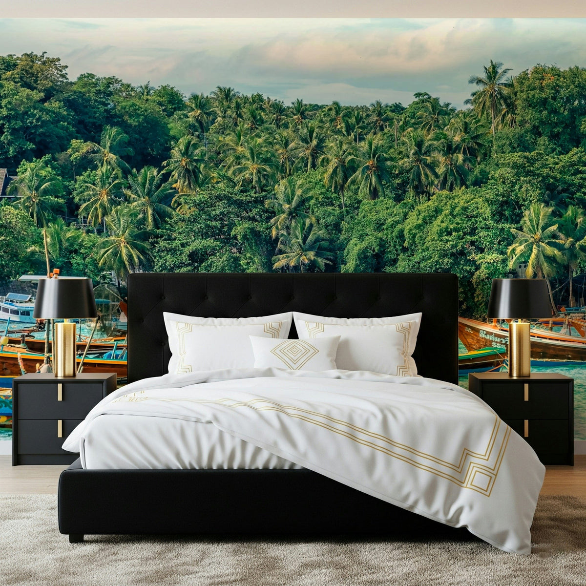 Rawai Wall Mural gives this bedroom a lush tropical harbour backdrop, GD7978