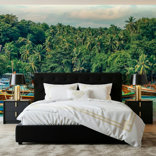 Rawai Wall Mural gives this bedroom a lush tropical harbour backdrop