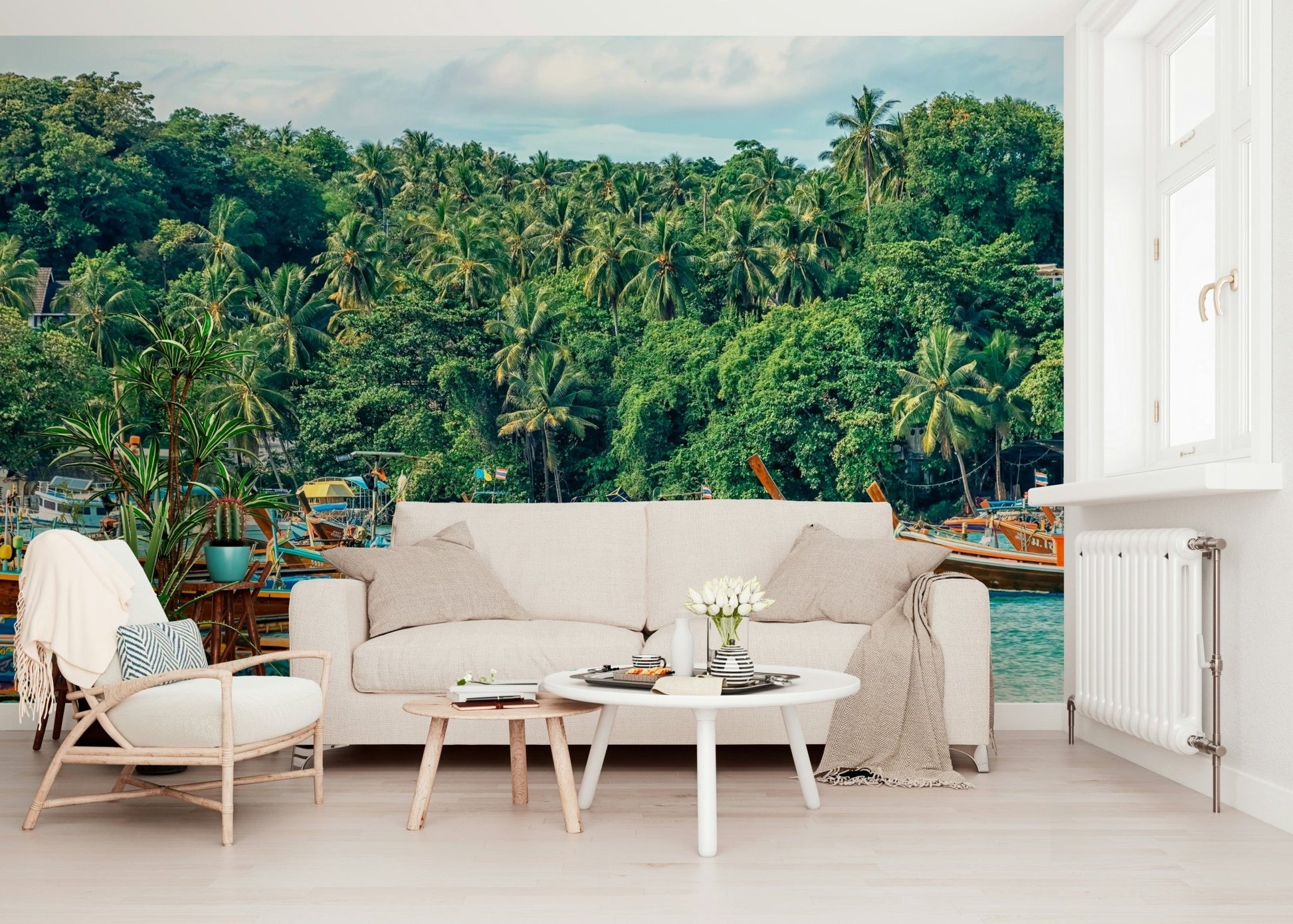 This bright living room feels more open with Rawai Wall Mural in view, GD7978