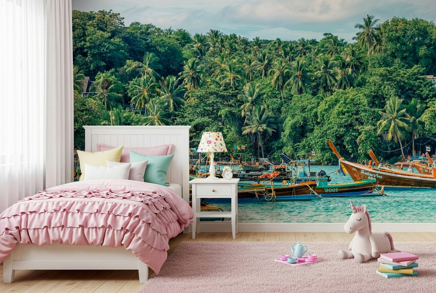 Rawai Wall Mural adds playful coastal greenery to this bright kids room, GD7978