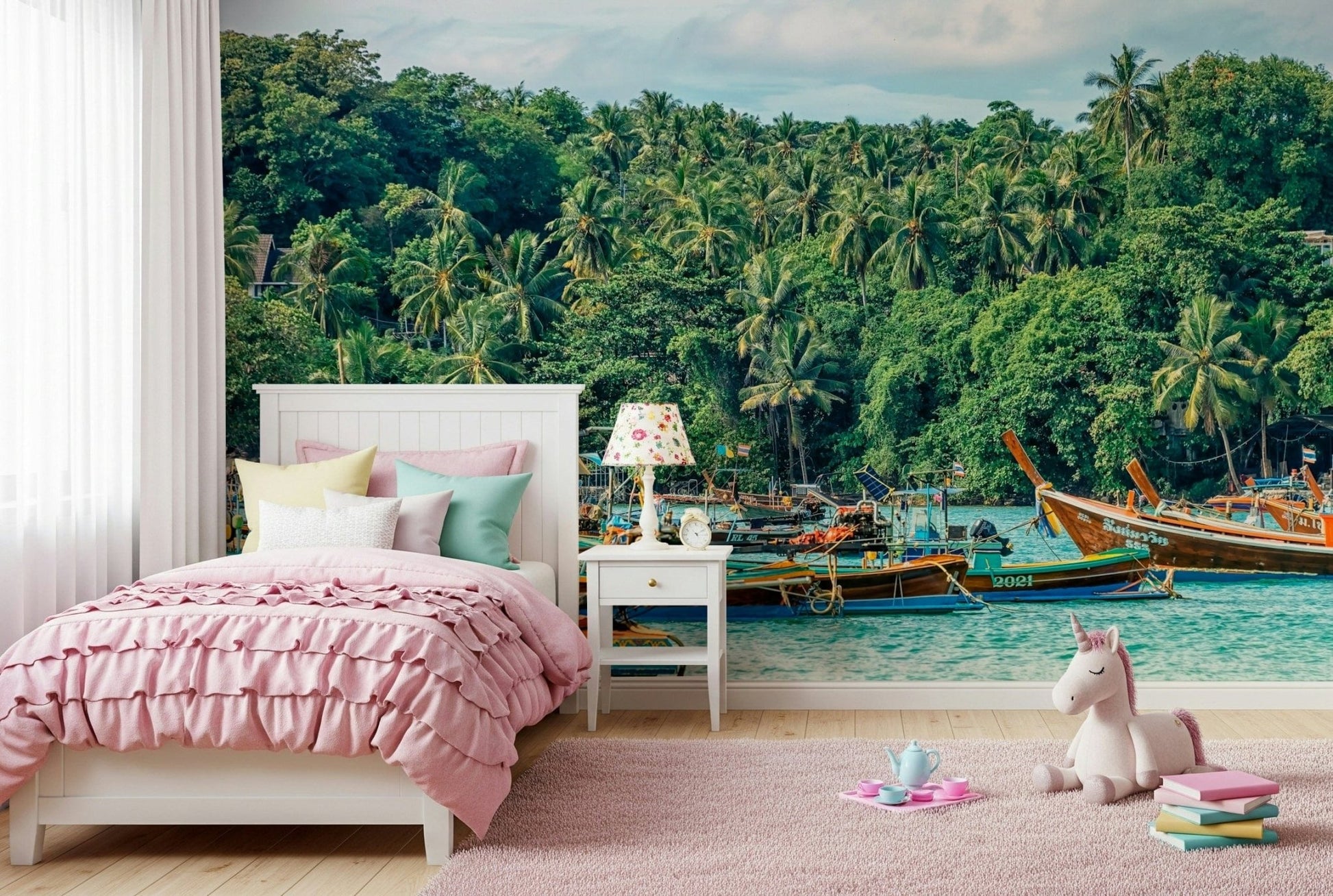 Rawai Wall Mural adds playful coastal greenery to this bright kids room, GD7978