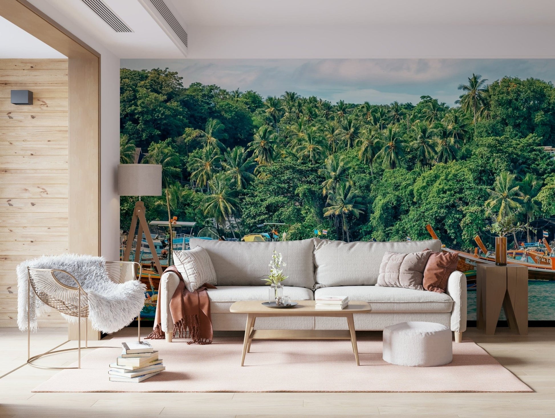 Framed by light interiors, Rawai Wall Mural adds a calm harbour outlook, GD7978