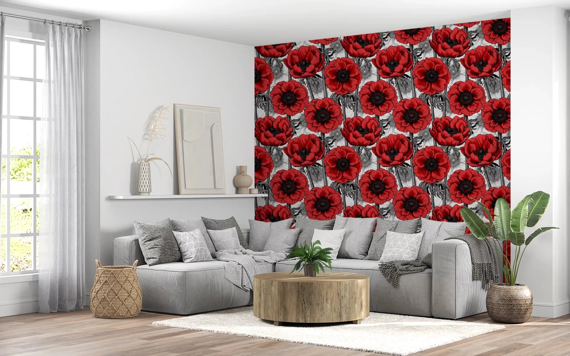 Floral repeat in Red Anemone Garden wallpaper with dark flower centers, GD9299