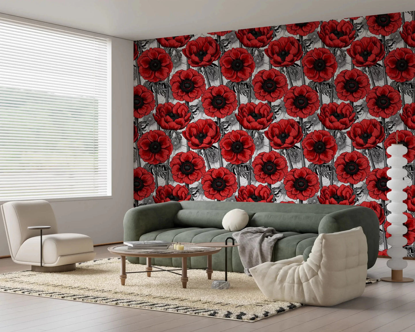 Bold floral wallpaper with Red Anemone Garden and bright white ground, GD9299