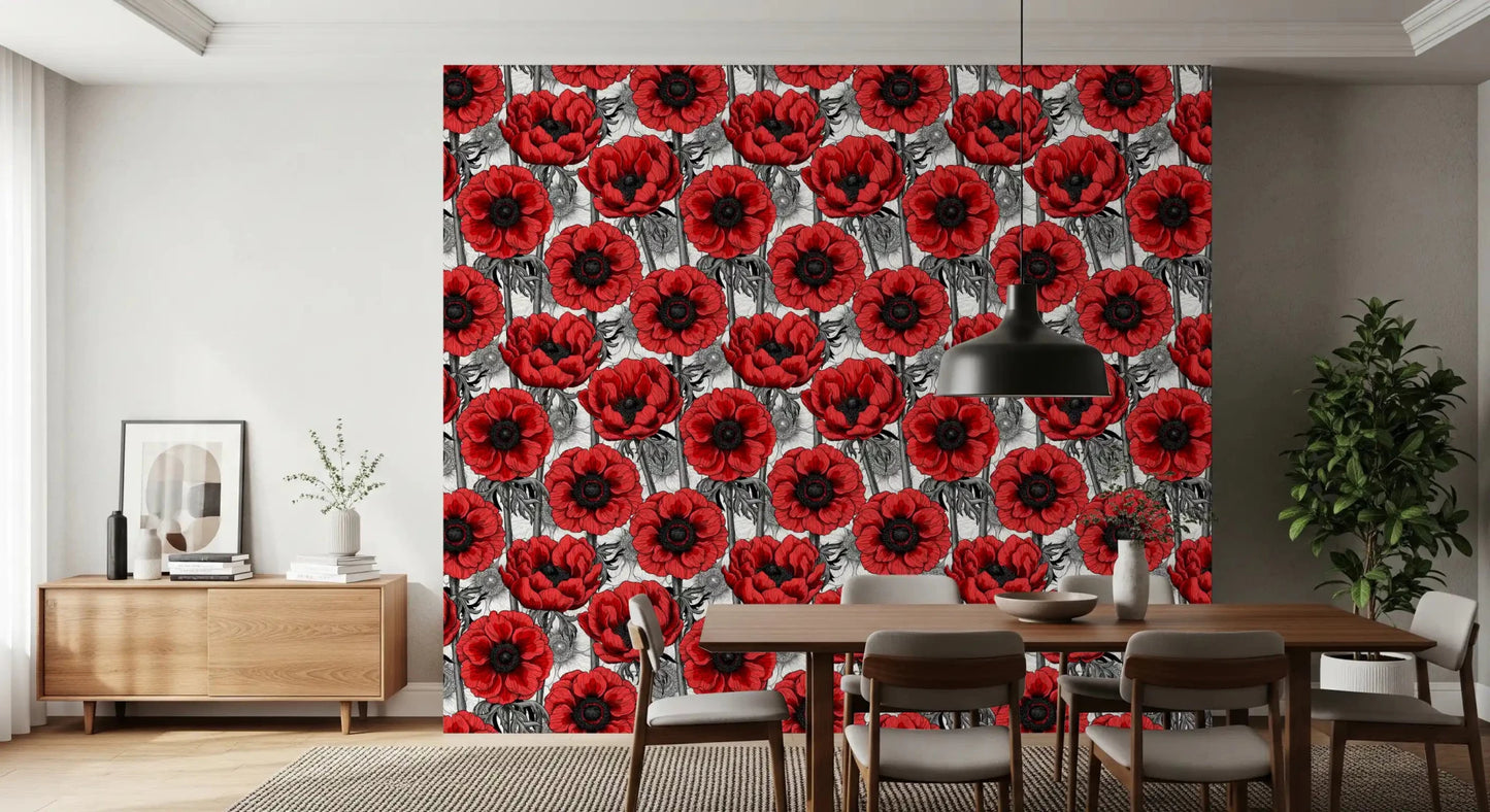 Hallway finished in Red Anemone Garden wallpaper with red blooms, GD9299