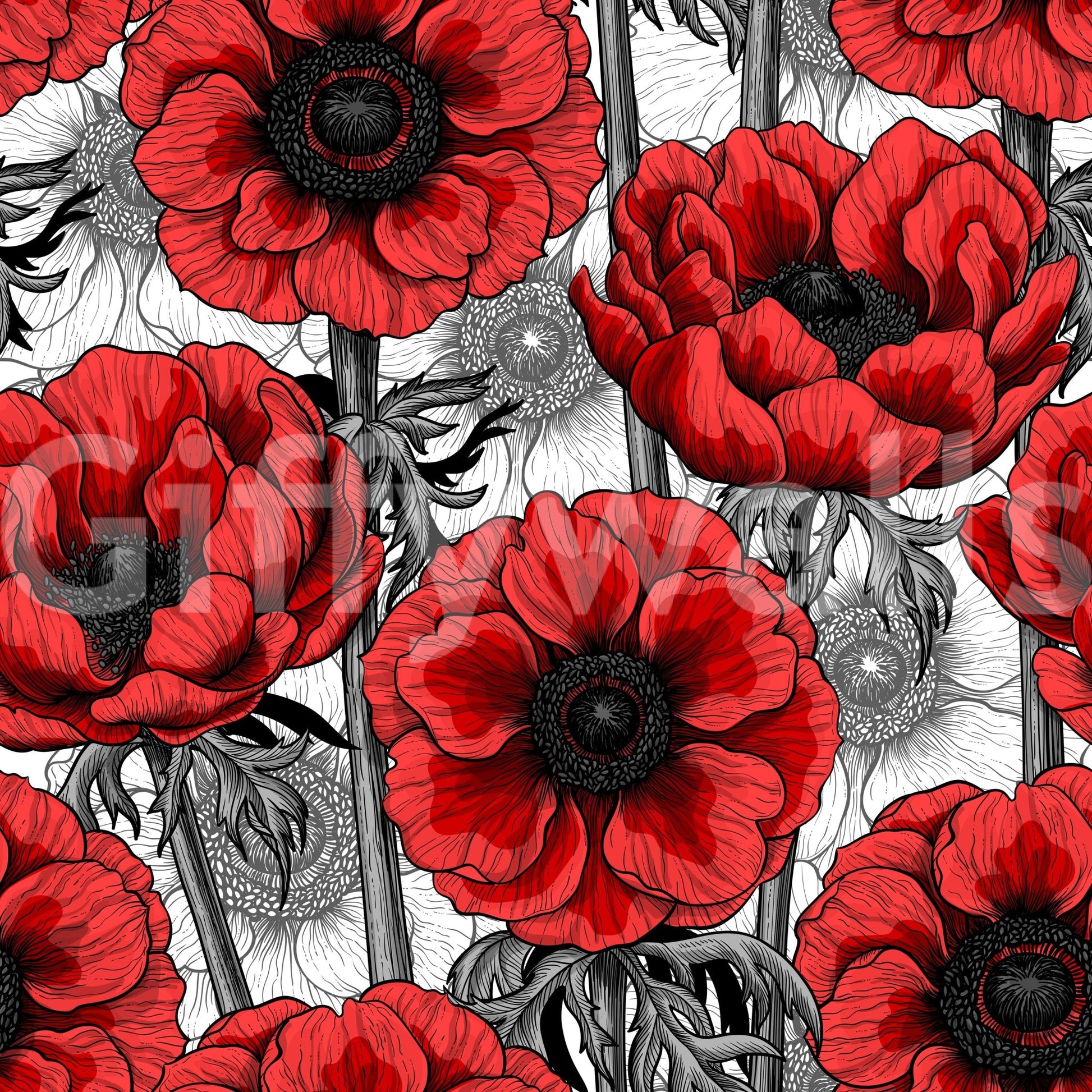 Red bloom wallpaper highlighting Red Anemone Garden in a clean repeat, GD9299