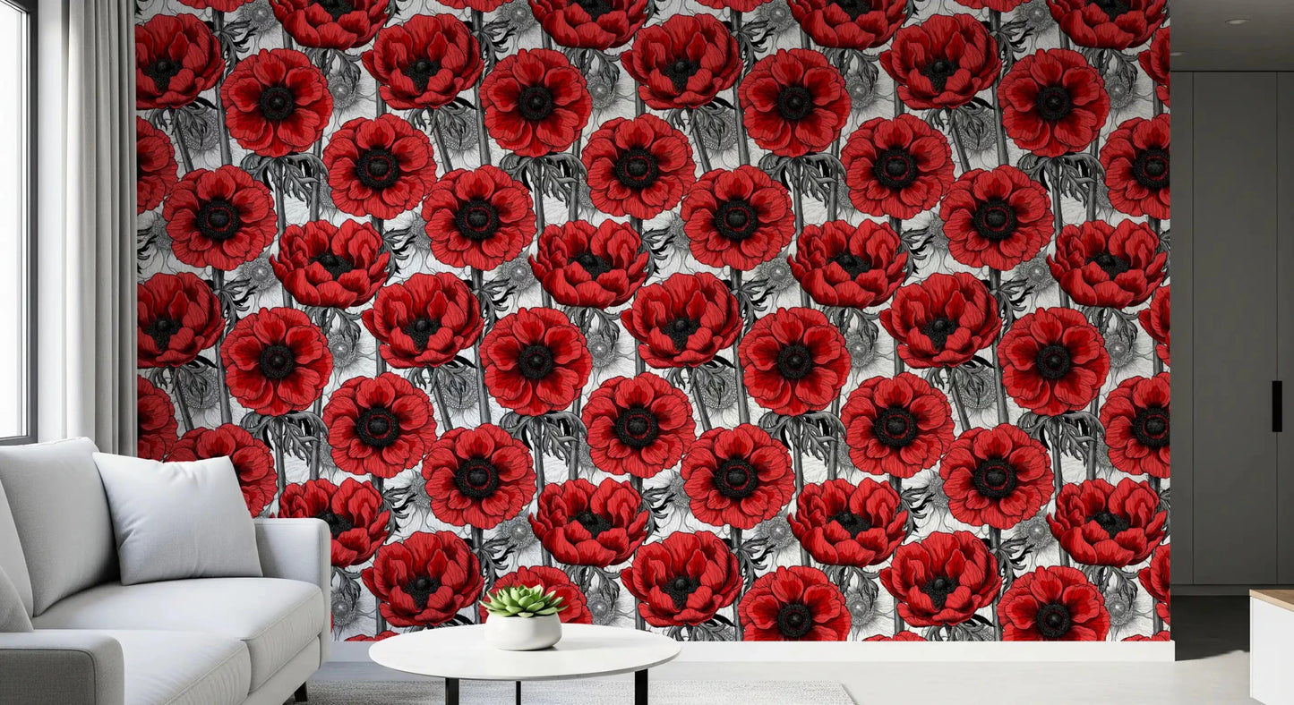 Living room styled with Red Anemone Garden wallpaper on a white base, GD9299