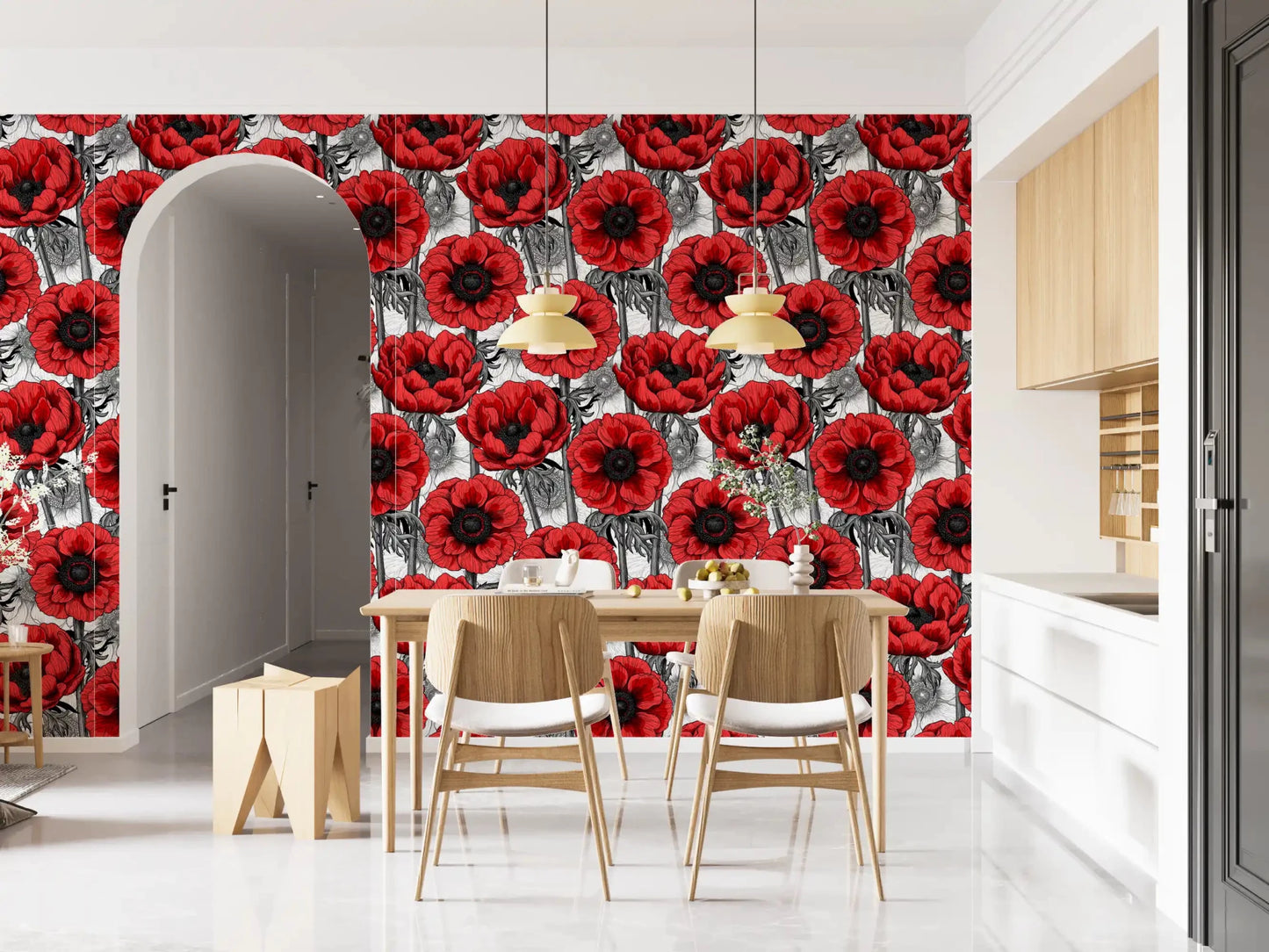 Dining room wall in Red Anemone Garden wallpaper with bold floral contrast, GD9299