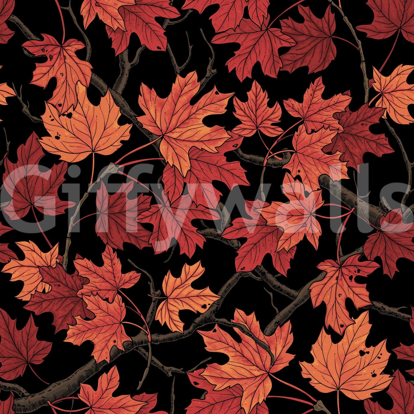 Vintage style leaf pattern of the Red Autumn maple leaves on black Wallpaper mural.