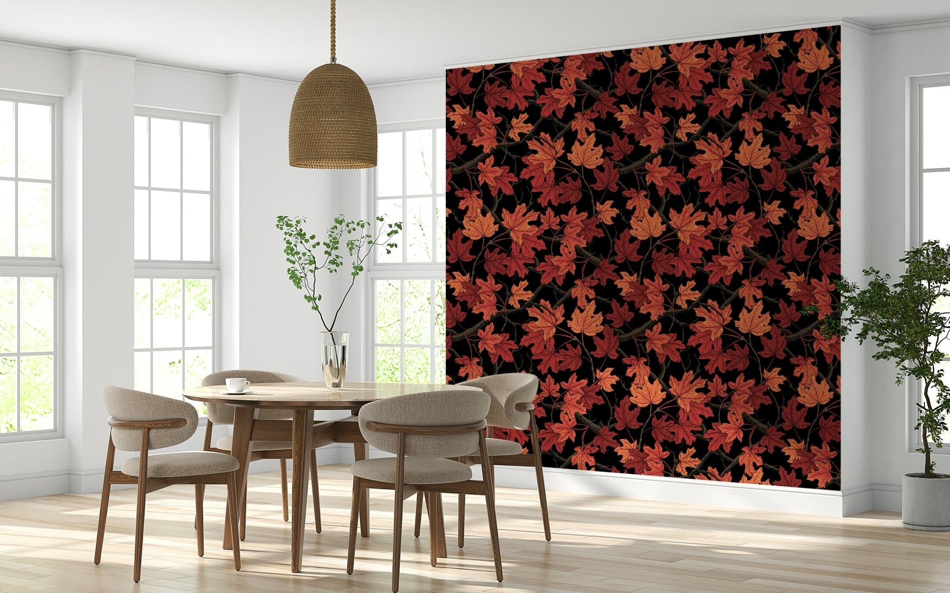 Red Autumn maple leaves on black Wallpaper creating a stunning feature wall.