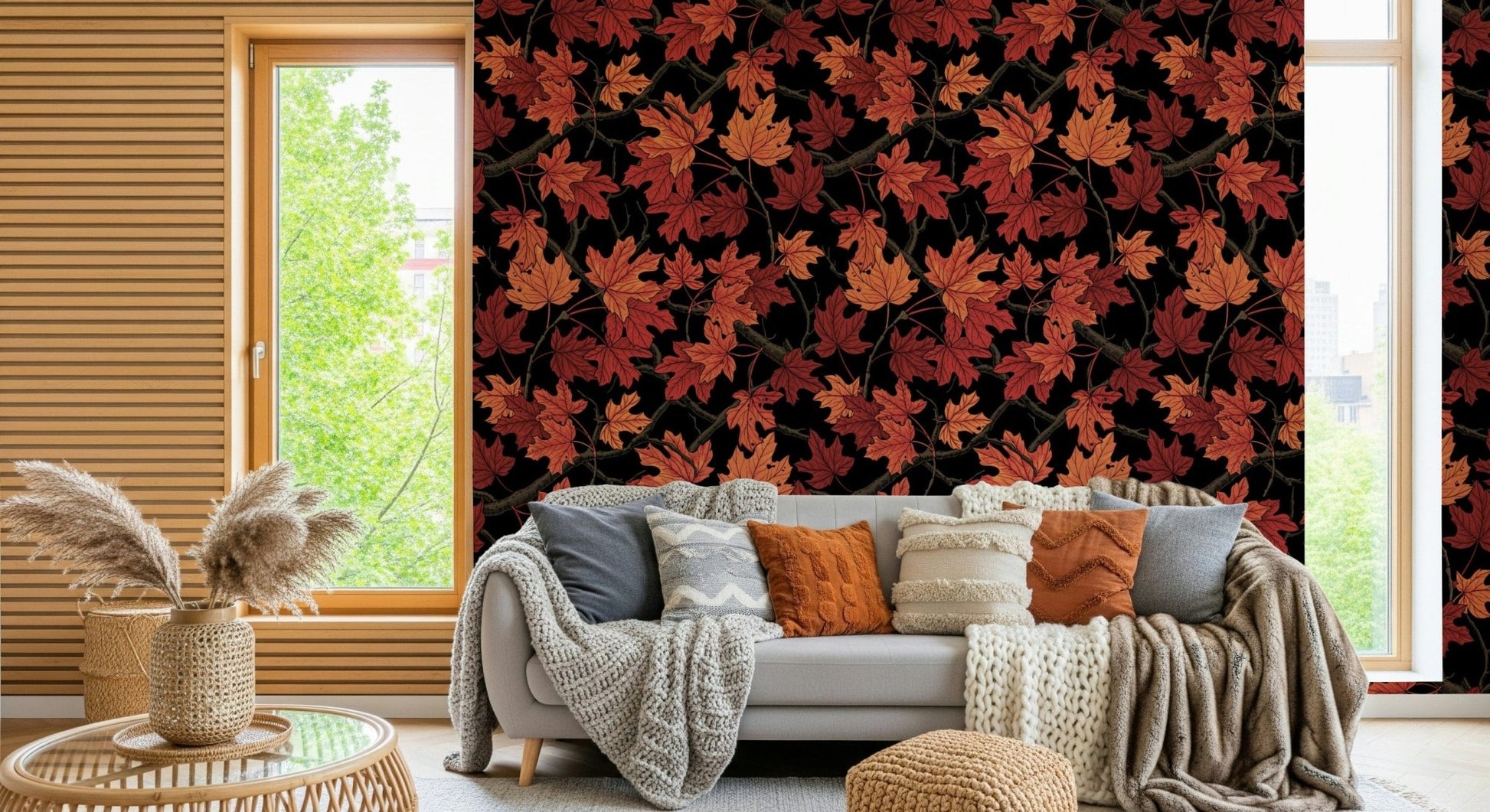 Modern maximalist decor with the Red Autumn maple leaves on black Wallpaper.
