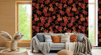 Modern maximalist decor with the Red Autumn maple leaves on black Wallpaper.