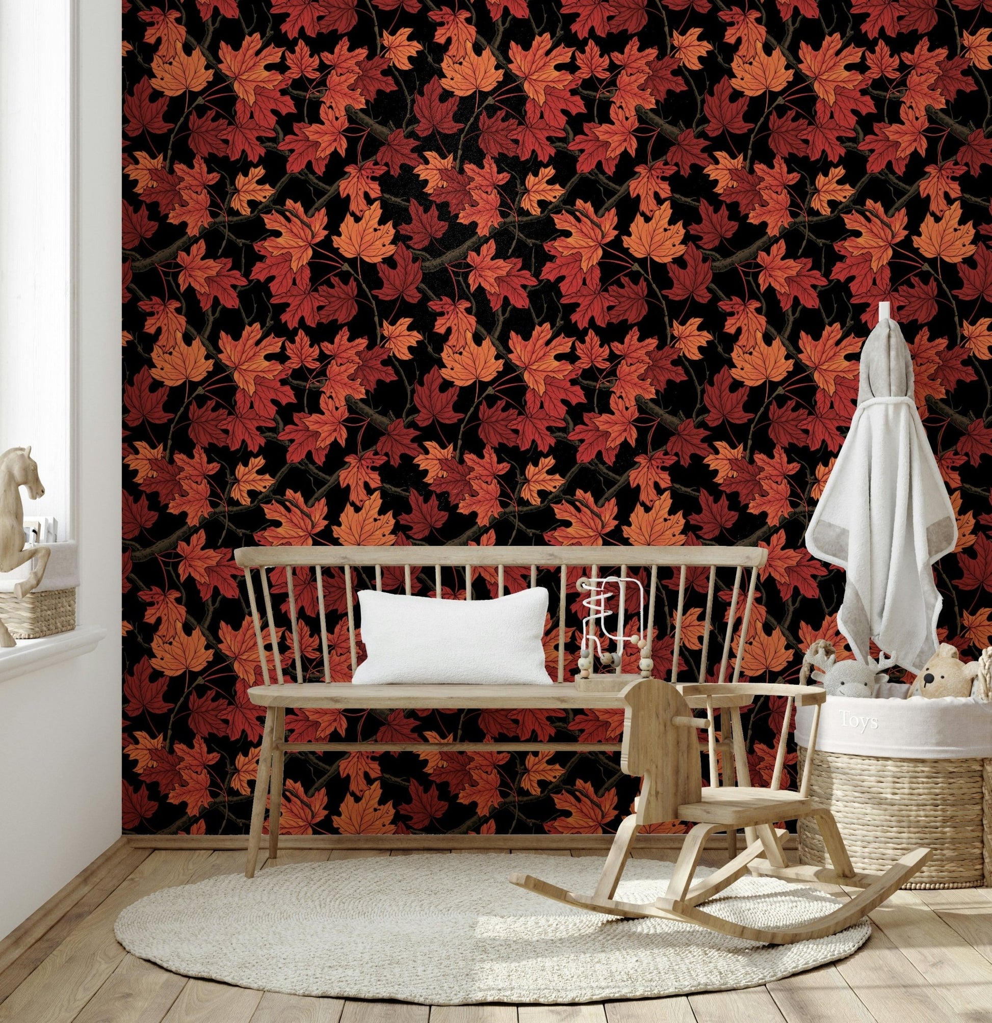 High-contrast botanical print of the Red Autumn maple leaves on black Wallpaper.
