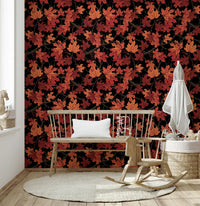 High-contrast botanical print of the Red Autumn maple leaves on black Wallpaper.
