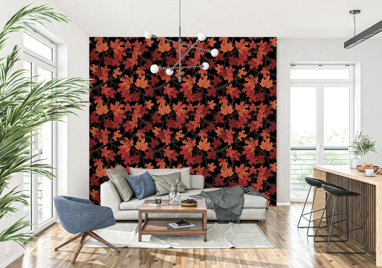 Vibrant red and orange maple foliage of the Red Autumn maple leaves on black Wallpaper.