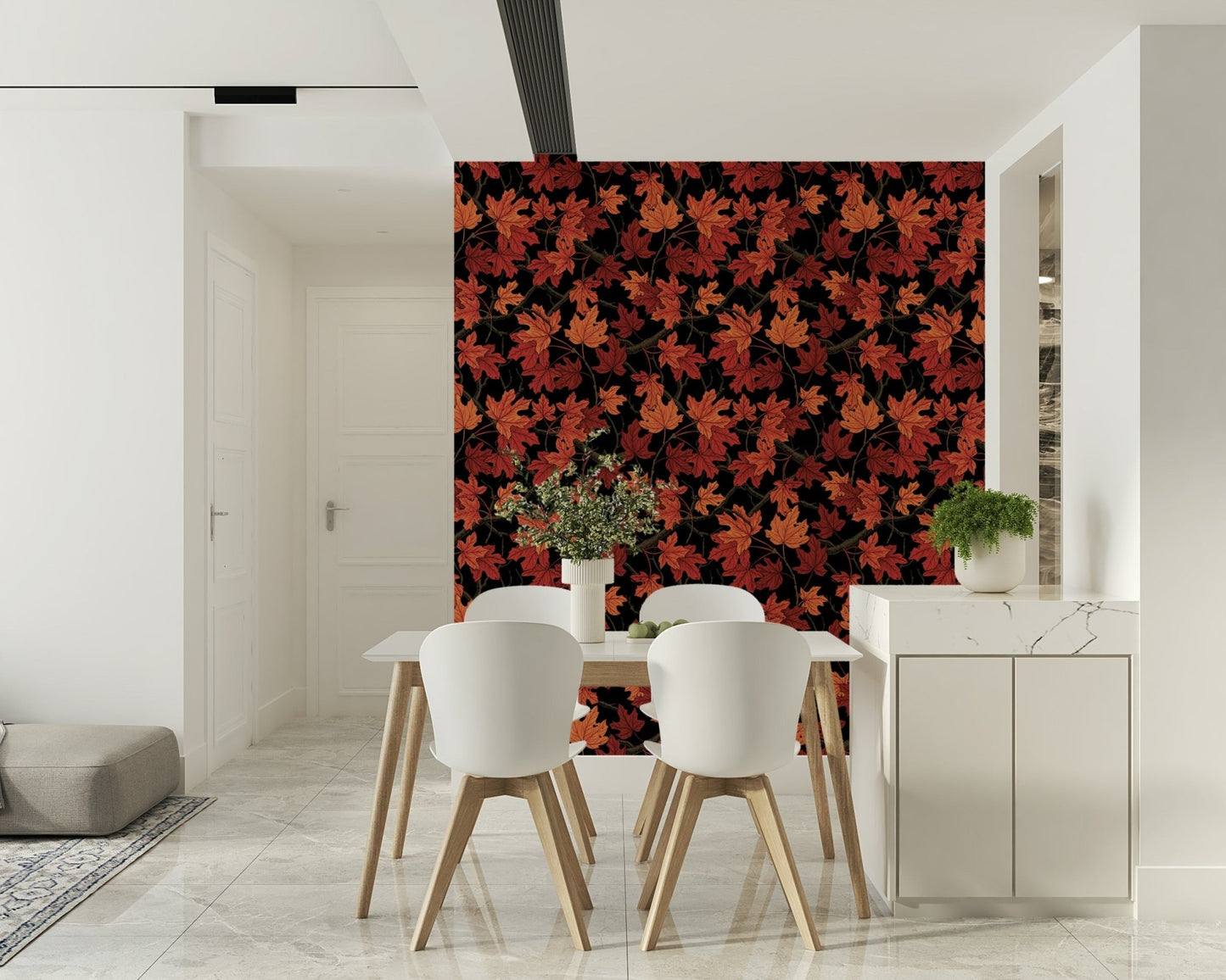 Full view of a stylish dining room with Red Autumn maple leaves on black Wallpaper.