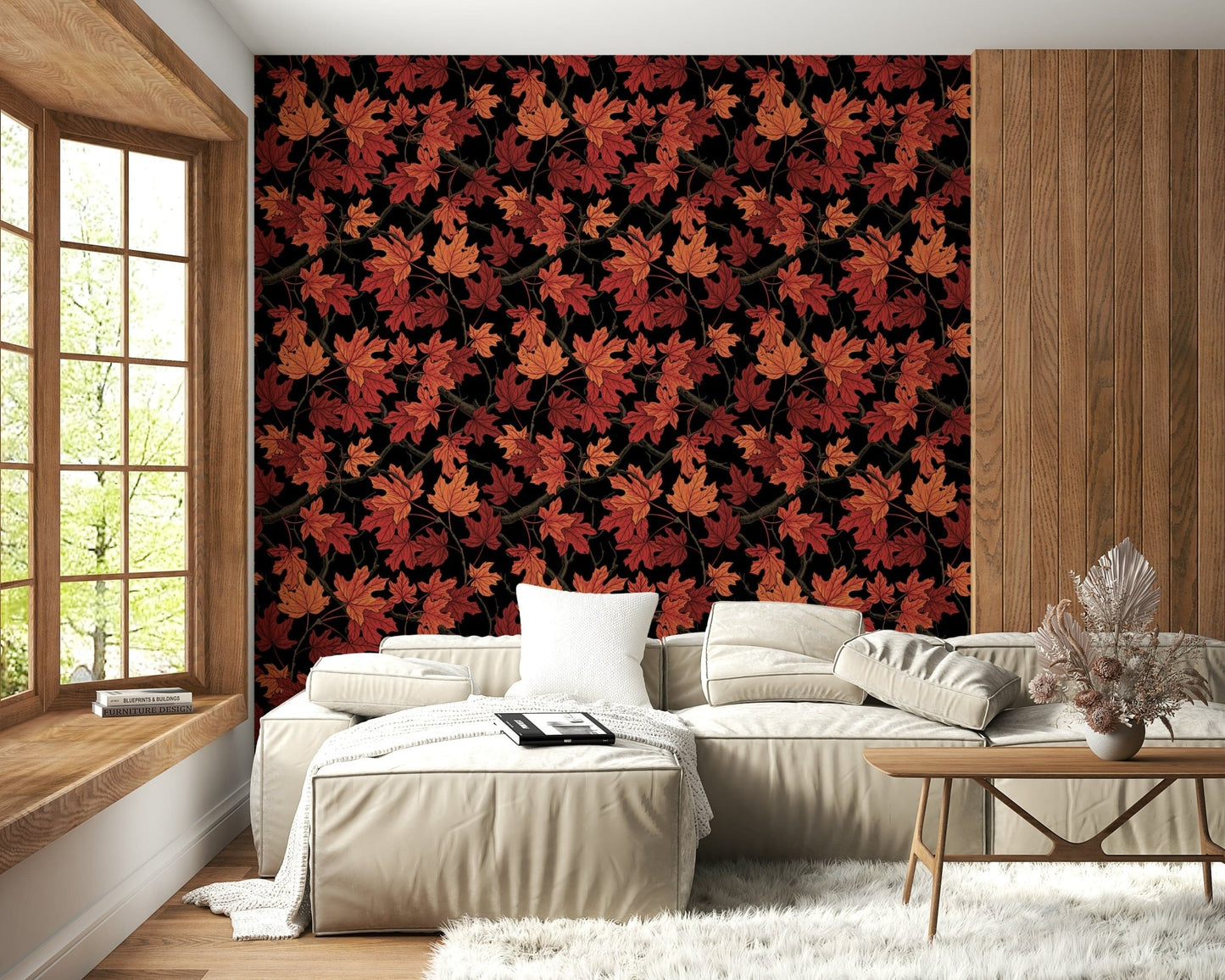 Dramatic black background of the Red Autumn maple leaves on black Wallpaper mural.