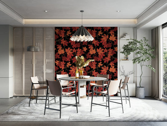 Red Autumn maple leaves on black Wallpaper in a moody living room., GD6209
