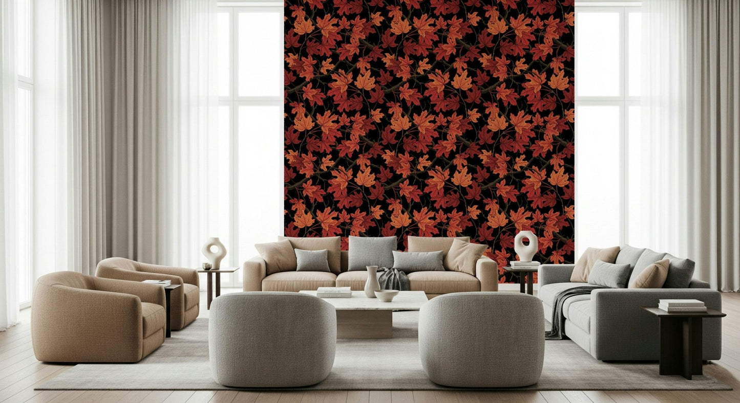 Designer interior featuring the Red Autumn maple leaves on black Wallpaper print.